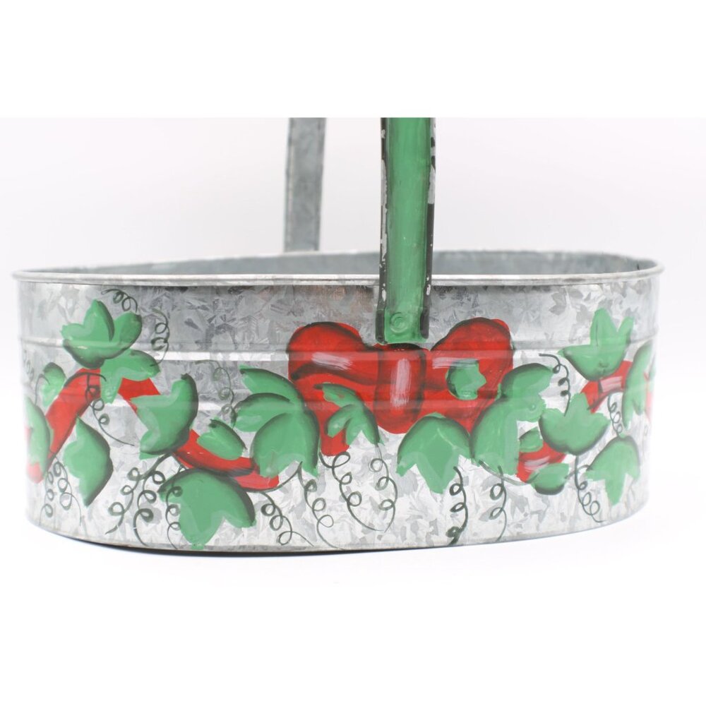 Hand-Painted Galvanized Tin Basket Handle Red Green Floral Design Decor Vintage - Picture 2 of 8